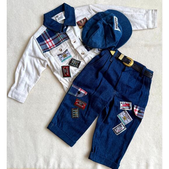 Vintage 90s MGM Kid's Fashion 3-Piece Pants Set Boys 12M Denim Patchwork Belt - Picture 2 of 10